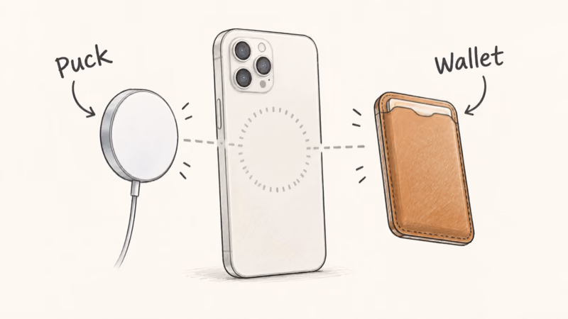 MagSafe charger puck and wallet aligning to a conceptual iPhone 17 Pro Max magnet ring