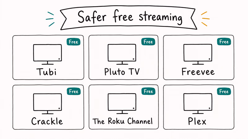Grid of six free legal streaming services as safer alternatives to torrenting movies.