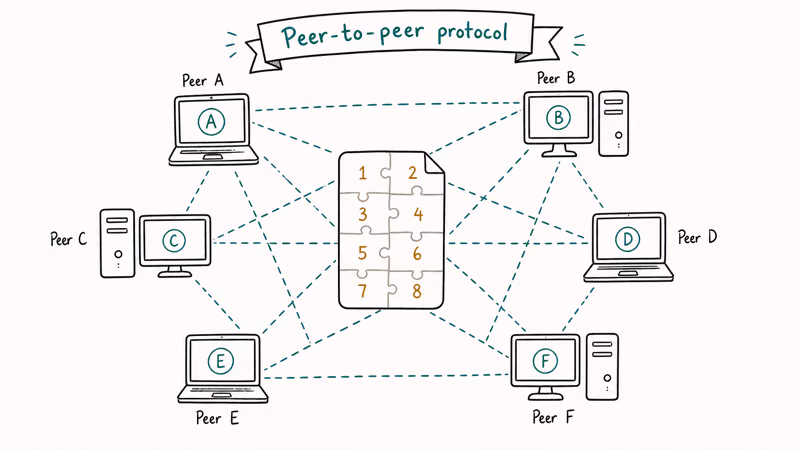 Peer mesh diagram showing how a torrent file is shared in fragments between peers.