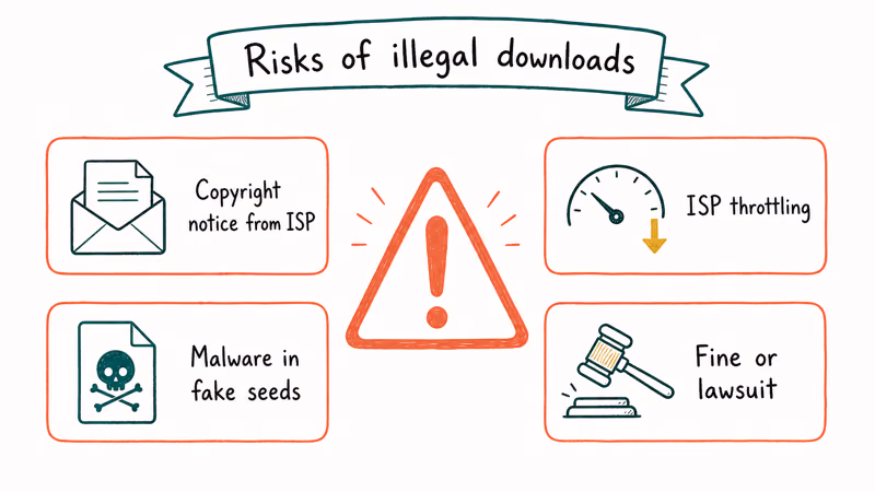 Four-card warning cluster showing real risks of torrenting copyrighted movies.