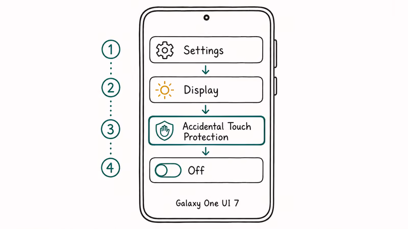 Phone settings drill-down showing path to turn off accidental touch protection on Samsung Galaxy