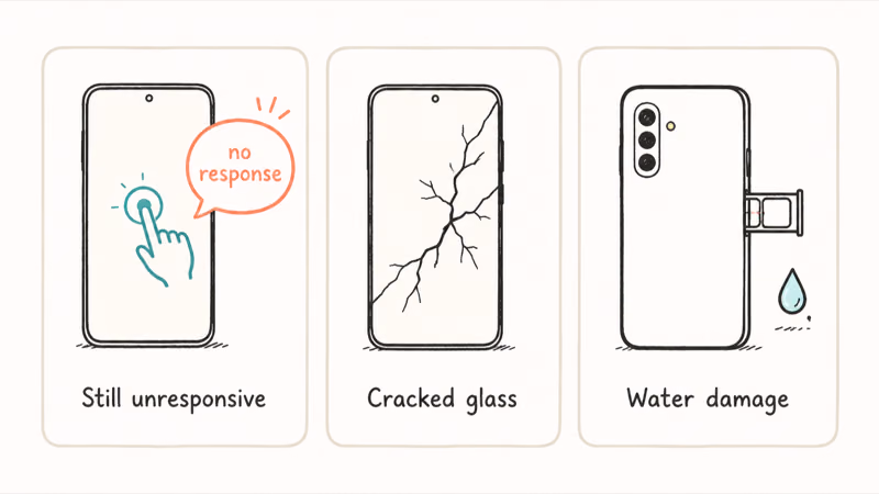 Hand-drawn three card row of Samsung repair escalation signals still unresponsive cracked glass and water damage indicator