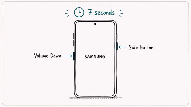 Hand-drawn Samsung Galaxy phone showing Volume Down and Side button held seven seconds with logo appearing as it
