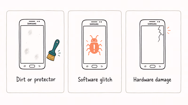 Hand-drawn three column visual of Samsung touch issue causes dirt or screen protector software glitch and hardware damage