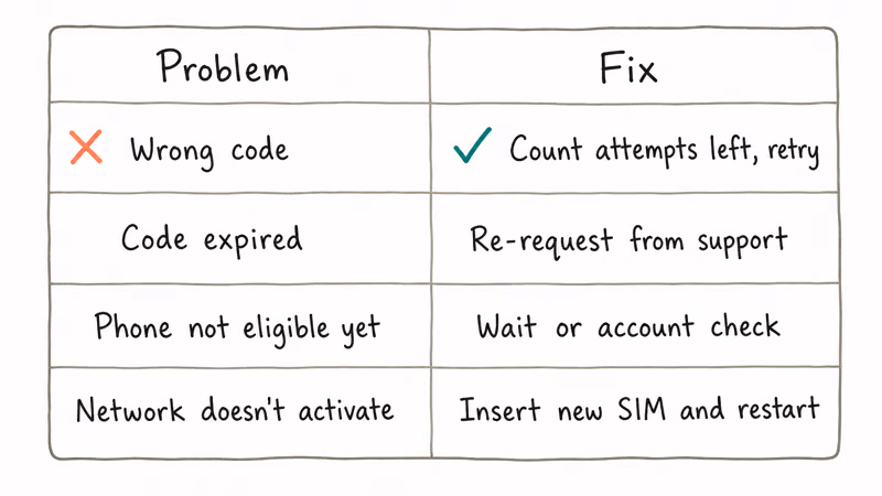 Four-row matrix showing common Tracfone unlock problems and their fixes.