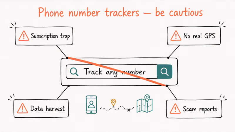 Warning poster crossing out fake phone number tracker websites with notes about scams data harvesting and traps