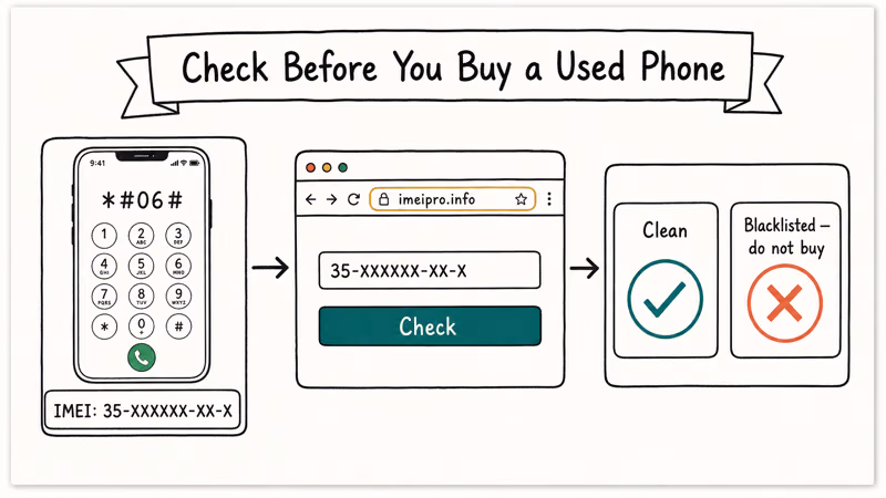 Three-step hand-drawn workflow showing how to dial star 06 then check IMEI on a blacklist lookup site.