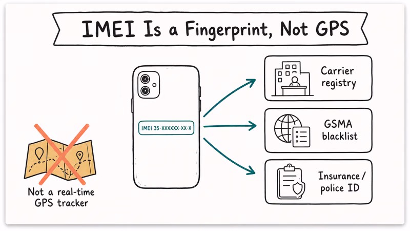 Hand-drawn explainer showing IMEI as a phone fingerprint registered with carriers not a real-time location tracker.