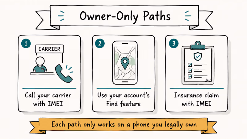 Three-card hand-drawn list of owner-only paths to act on a lost phone using its IMEI number.