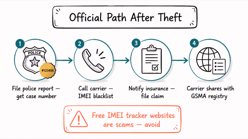 Hand-drawn timeline of official actions after a stolen phone report with explicit warning about scam IMEI sites.