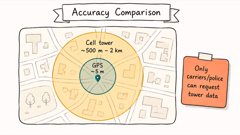 Concentric-circle map showing tight GPS radius versus wide cell tower radius with carrier-only access note.