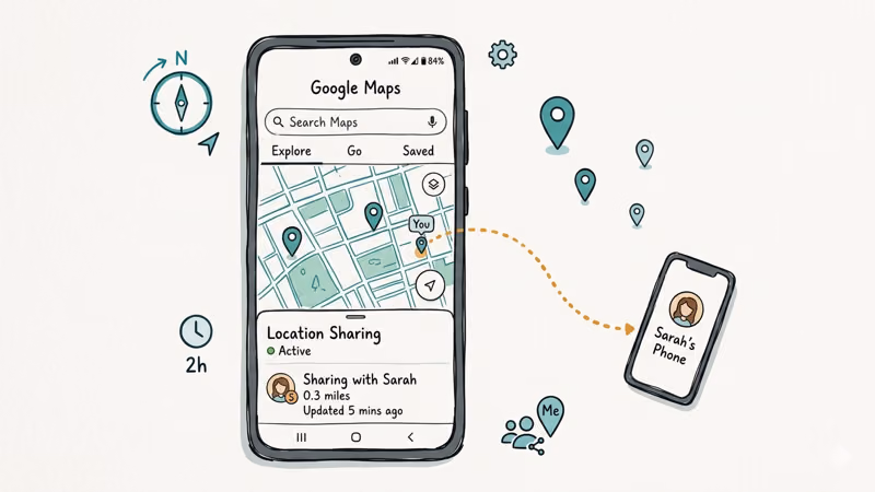Android phone displaying Google Maps location sharing with a dotted connection to another device