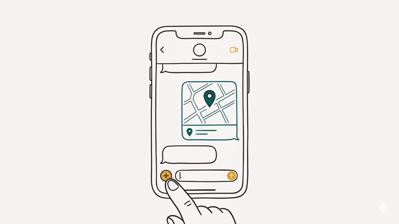 Hand-drawn iPhone showing iMessage conversation with a location pin shared in the chat