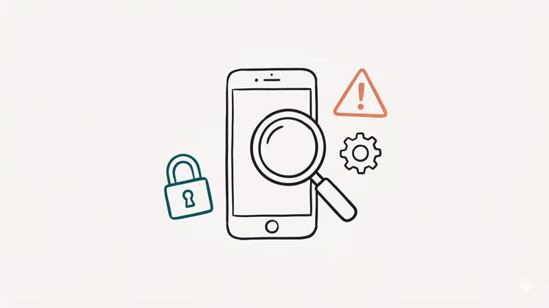 Smartphone with magnifying glass, lock icon, and warning triangle representing privacy protection