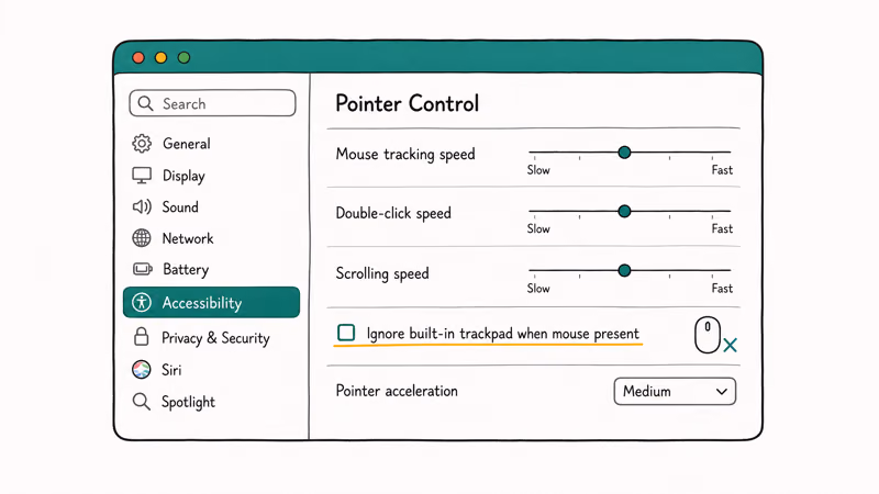 macOS Accessibility Pointer Control pane with the ignore built-in trackpad checkbox unchecked