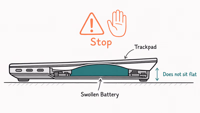 Side cross-section of a MacBook with a swollen battery pressing up under the trackpad