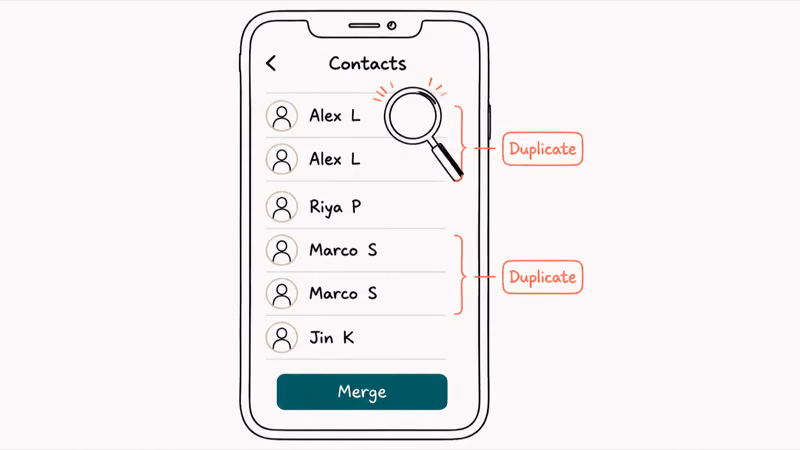 Hand drawn iPhone Contacts list highlighting two duplicate pairs in coral with a teal merge button below