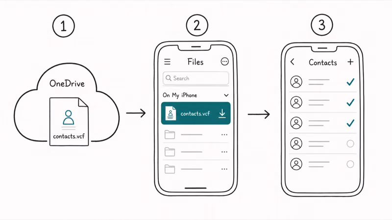 Three step flow from OneDrive cloud holding a vcf file to Files app on iPhone and into the
