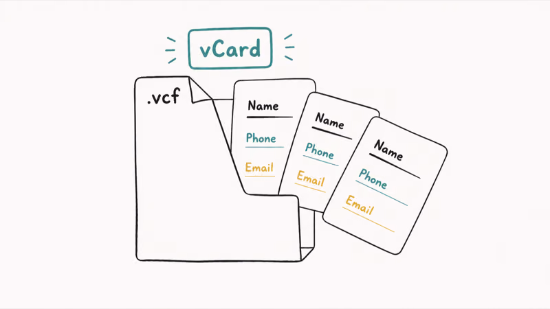 Hand drawn vCard file icon with three contact cards showing name phone and email fields spilling out