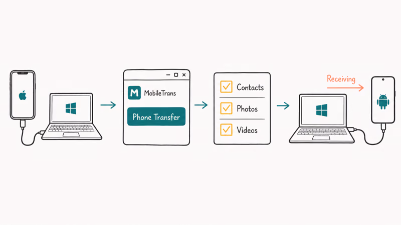 Four-station hand-drawn flow showing iPhone, MobileTrans Phone Transfer, selected data types, and Android receiving on Windows.