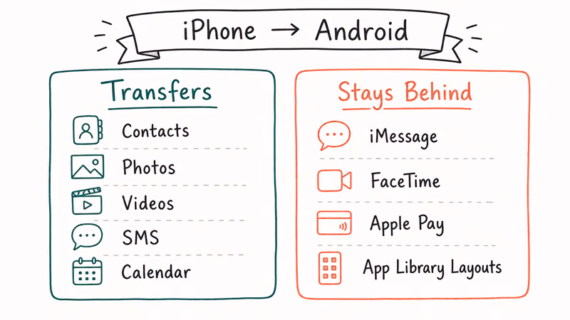 Two hand-drawn columns comparing data types that transfer to Android with data types that stay behind on iPhone.