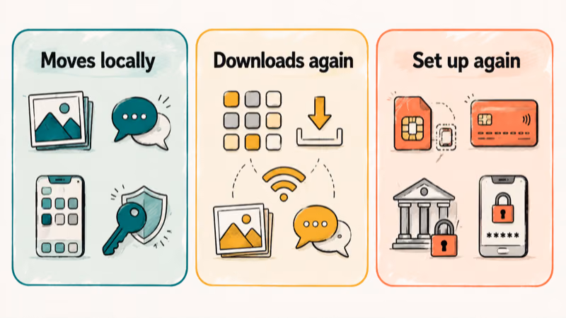 Three data paths showing what moves locally, downloads again, or needs setup again