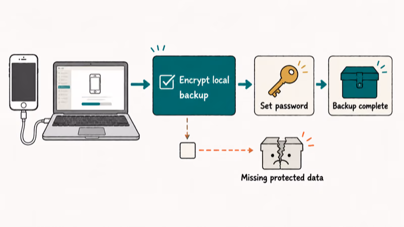 Encrypted local backup flow showing the checkbox, password, completed archive, and protected data