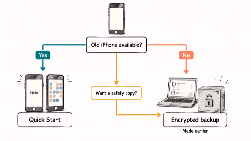 Decision tree choosing Quick Start or an encrypted computer backup based on old iPhone availability