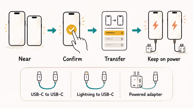 Quick Start transfer steps with wireless and cable options for USB-C and Lightning iPhones