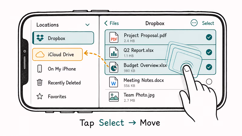 Hand-drawn iPhone Files app showing selected Dropbox files moving via tap and drag to iCloud Drive folder.