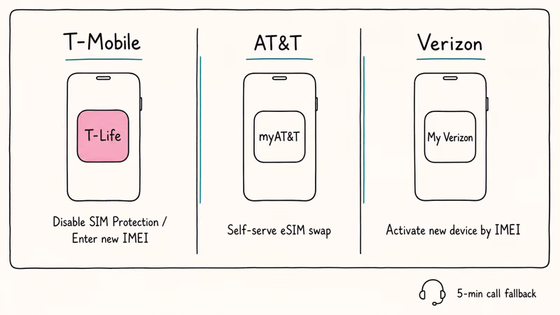 Three-column hand-drawn comparison of T-Mobile, AT&T, and Verizon eSIM fallback app paths
