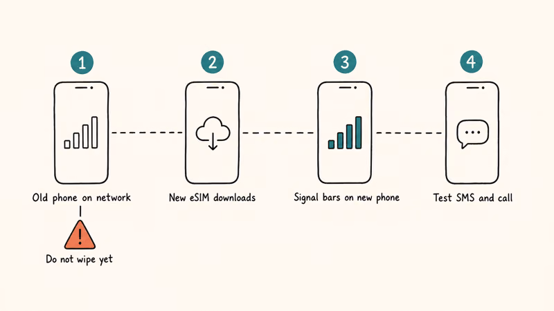 Four-step hand-drawn sequence showing the safe order to confirm a new eSIM before wiping the old phone