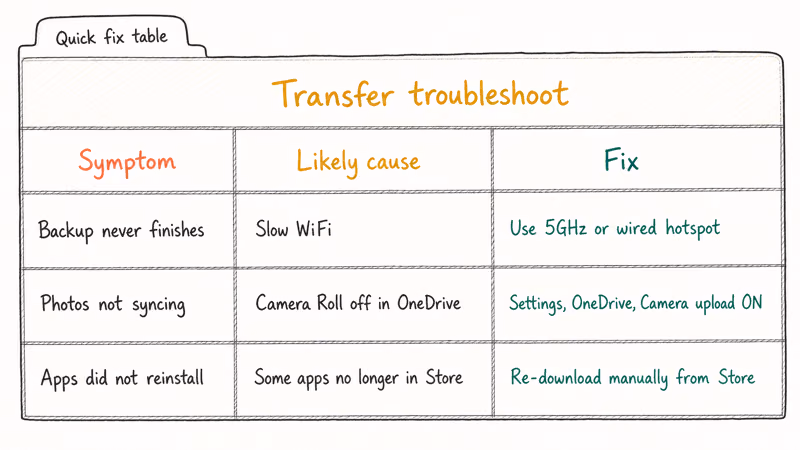 Three column troubleshoot table mapping Windows Phone transfer symptoms causes and fixes
