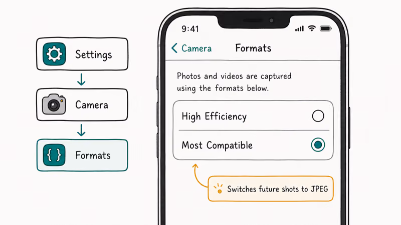 Hand-drawn iPhone Settings Camera Formats screen with Most Compatible radio selected for JPEG output.