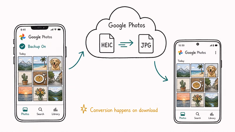 Hand-drawn flow showing iPhone backing up HEIC photos to Google Photos cloud then downloading as JPG on Android.