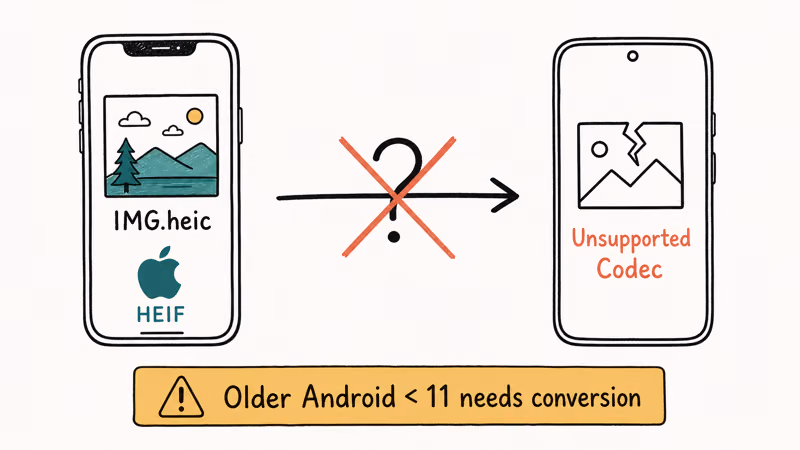Hand-drawn iPhone with HEIC photo facing Android phone showing broken image icon and unsupported codec label.