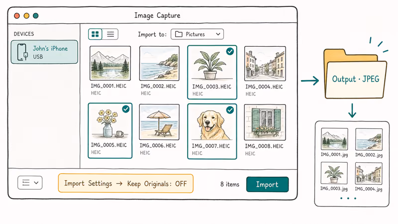 Hand-drawn Mac Image Capture window with iPhone connected and HEIC photos exporting to JPEG output folder.