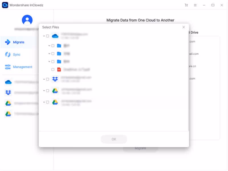 Select Source Data on Wondershare InClowdz