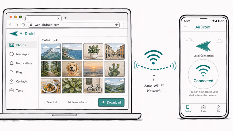 Hand-drawn split screen with Mac browser showing AirDroid photo grid and Android phone displaying connected status.