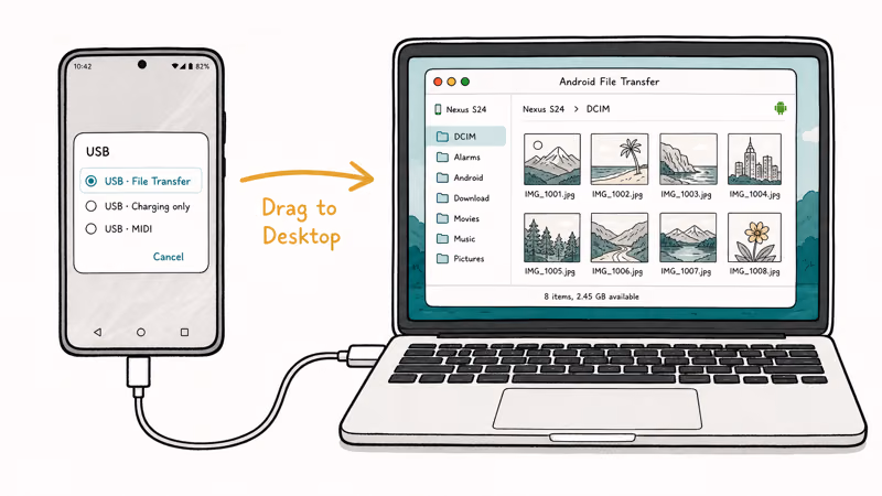 Hand-drawn Android phone connected via USB-C to MacBook showing Android File Transfer app with DCIM folder open.
