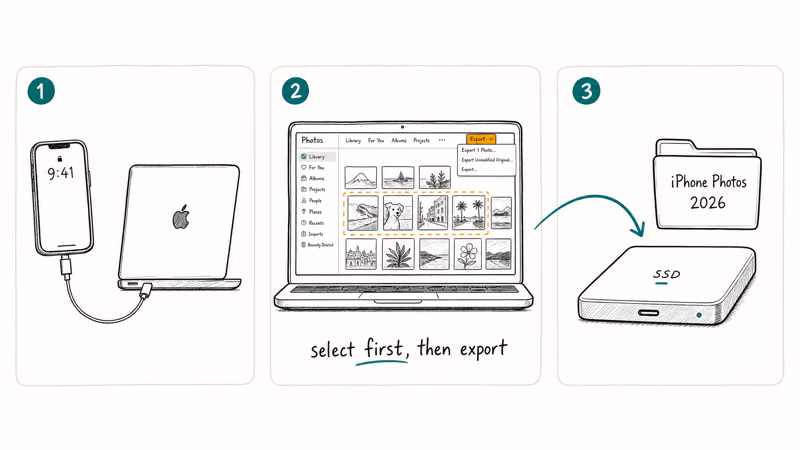Three-stage diagram showing iPhone connected to MacBook then Photos app exporting selected images to an external SSD folder