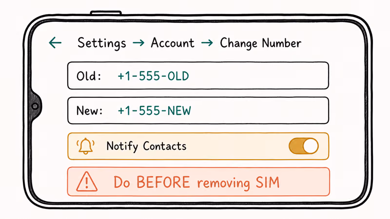 Hand-drawn WhatsApp Change Number screen showing old and new phone number fields with notify contacts toggle.