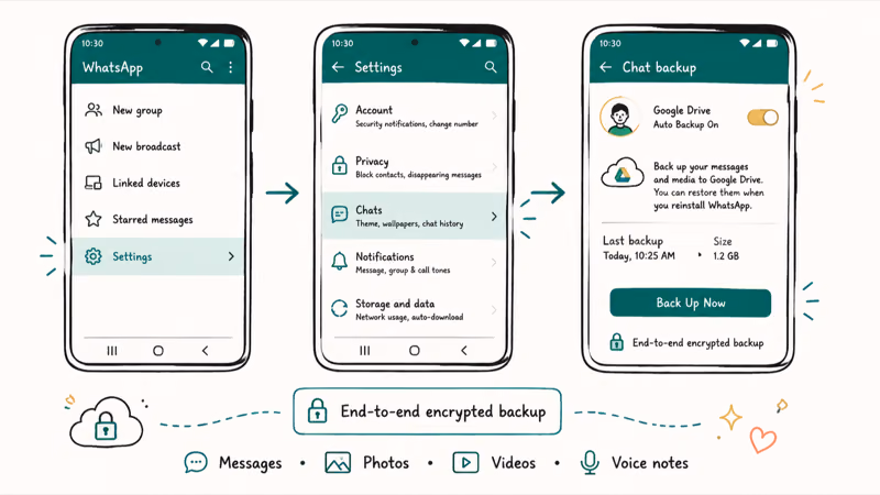 Hand-drawn WhatsApp Chat Backup screen with Back Up Now button and Google Drive auto-backup toggle on.