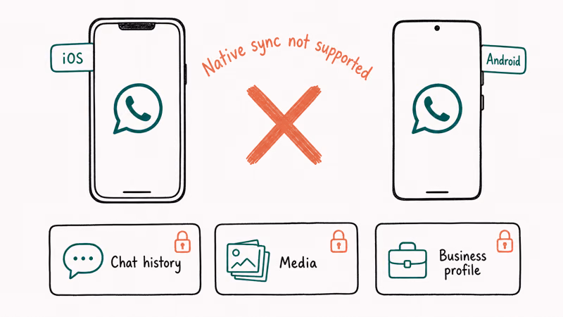 Diagram showing iPhone and Android phones with blocked native WhatsApp Business sync between platforms