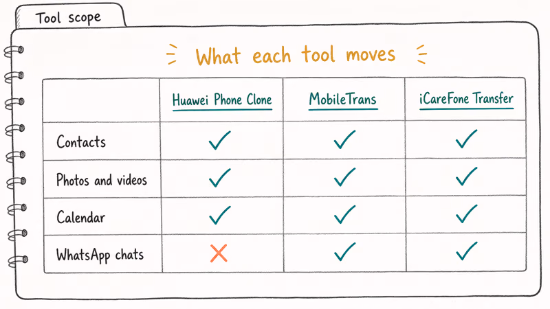 Matrix comparing Huawei Phone Clone MobileTrans and iCareFone for WhatsApp contacts photos transfer