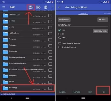 Transfer WhatsApp data between devices via ZIP compressor