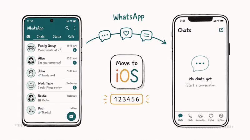 Hand-drawn Android and iPhone connected wirelessly by Move to iOS with a six-digit code transferring WhatsApp chats over