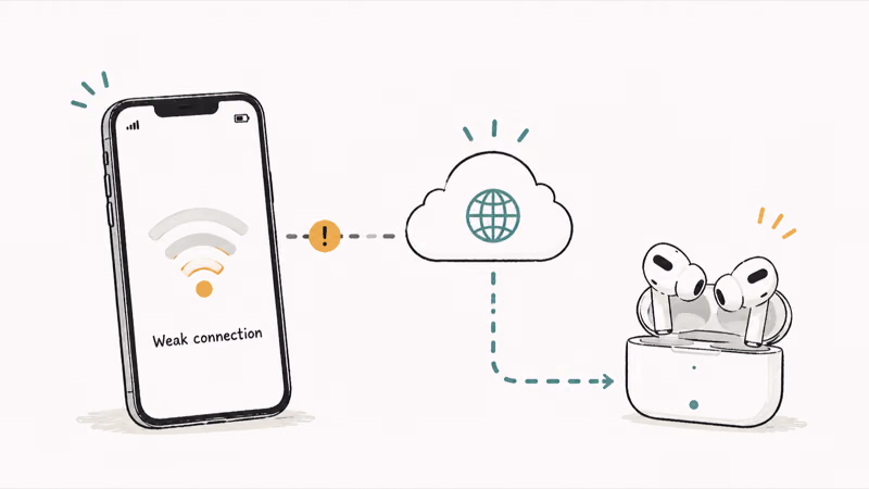 Smartphone displaying a weak internet connection beside translation earbuds that rely on the cloud