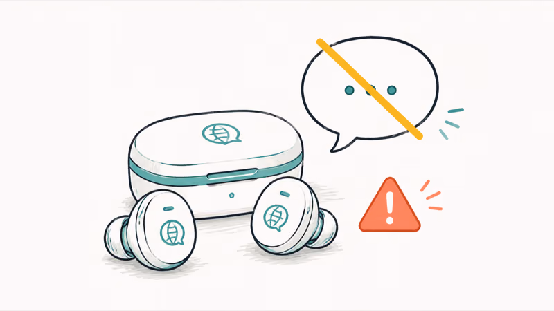 Translation earbuds showing a muted speech bubble and an alert icon because translation has stopped working