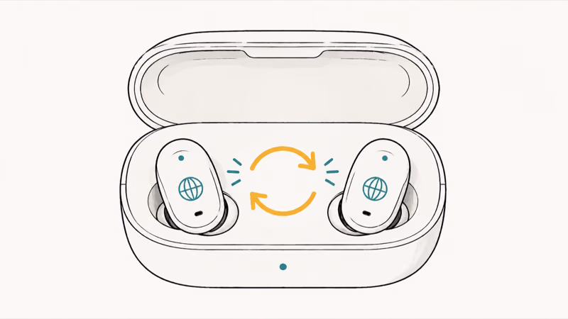 Two translation earbuds inside a charging case with a re-sync arrow restoring both to working order